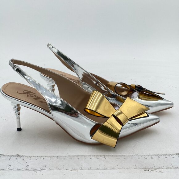 NWOT Silver Pointed Toe Slingback Slip on Dress Pumps Stiletto Heels w/gold bow - Picture 4 of 8
